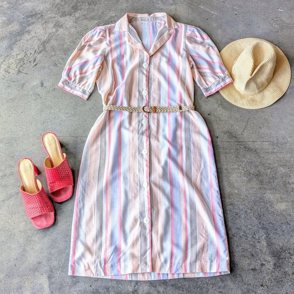 Vintage Mid Mod Pastel Orange Pink Purple Striped Puff Shoulder Midi Shirt Dress